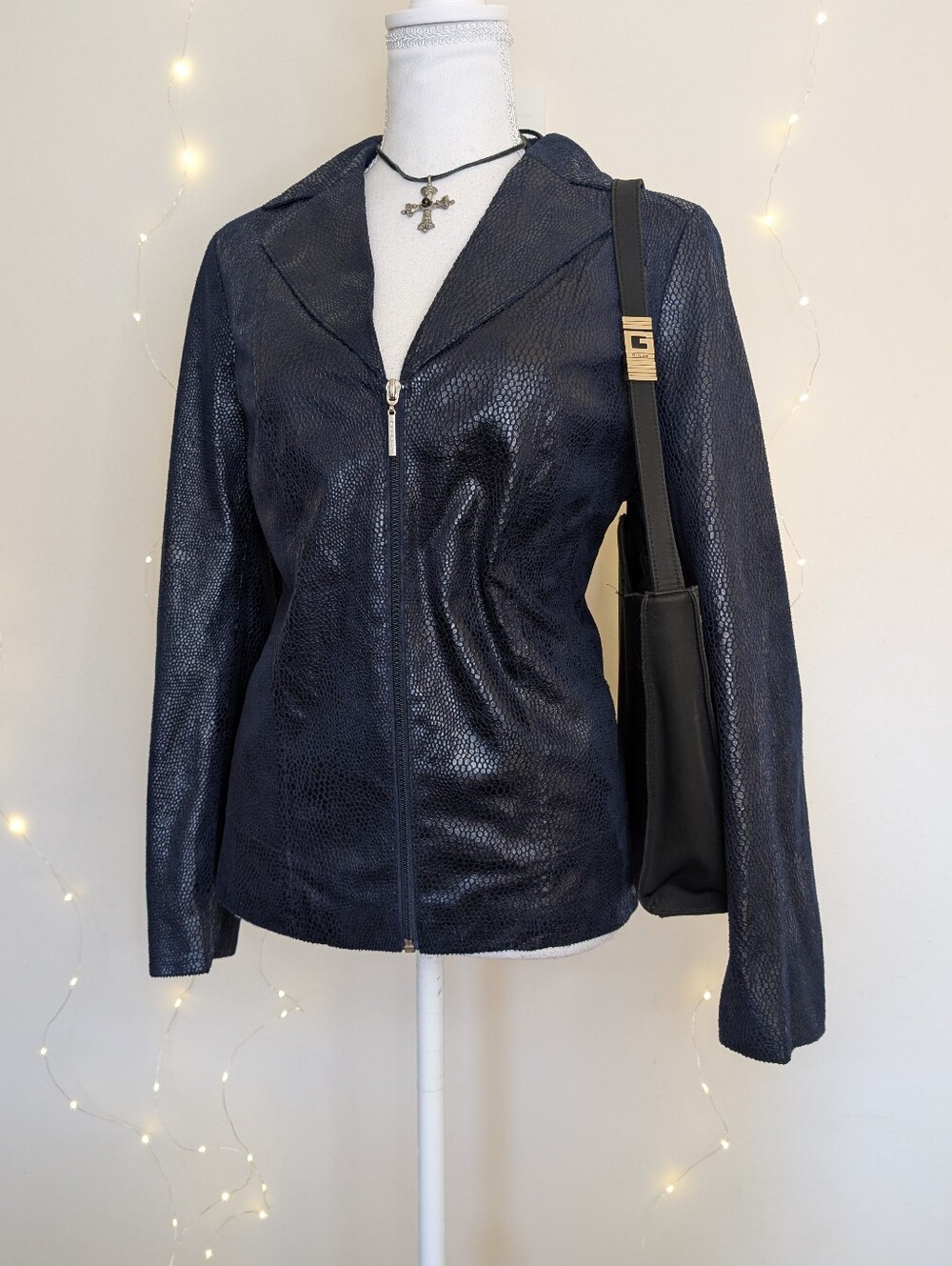 Navy Snakeskin Textured Zip-Front Leather Jacket
